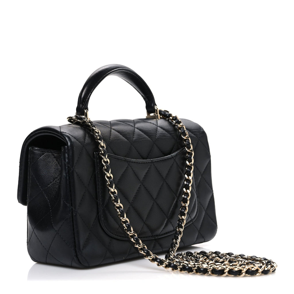 Chanel Lambskin Quilted Mini Top Handle Rectangular Flap Black