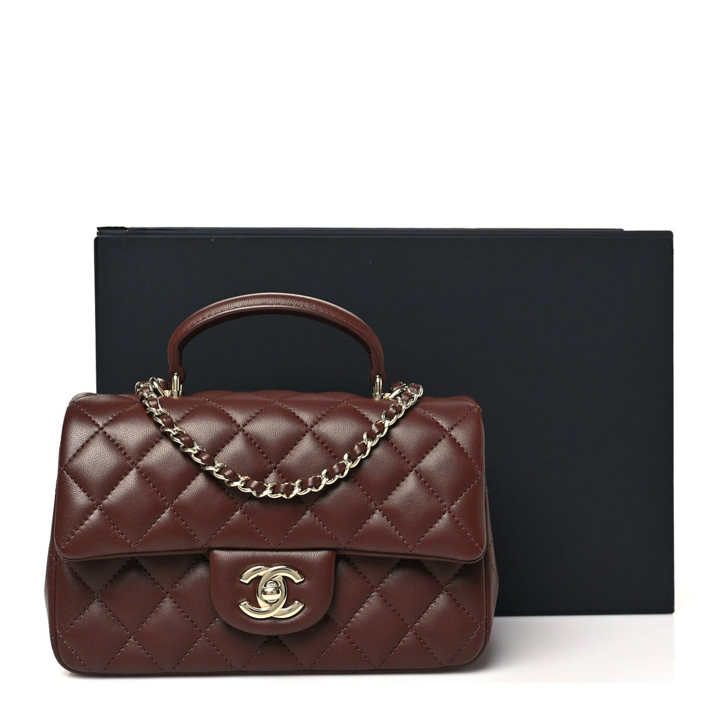 Chanel Lambskin Quilted Mini Top Handle Rectangular Flap Dark Brown