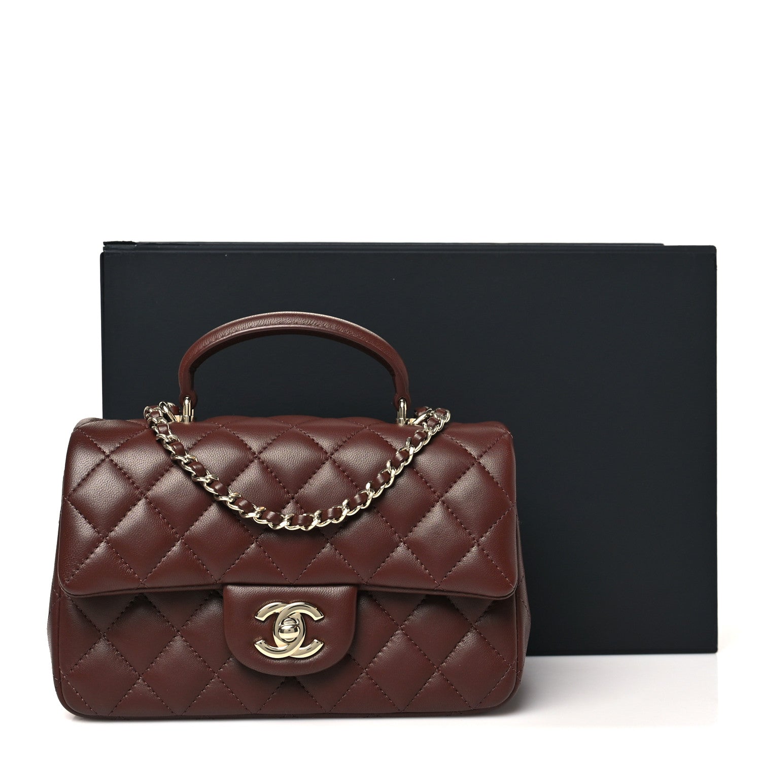 Chanel Lambskin Quilted Mini Top Handle Rectangular Flap Dark Brown