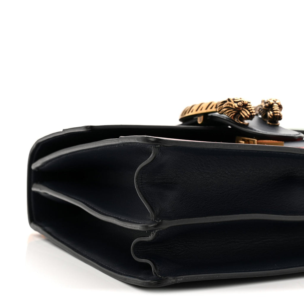 Gucci Moon Calfskin Web Medium Dionysus Bamboo Top Handle Bag Black Bright Evergreen Hibiscus Red