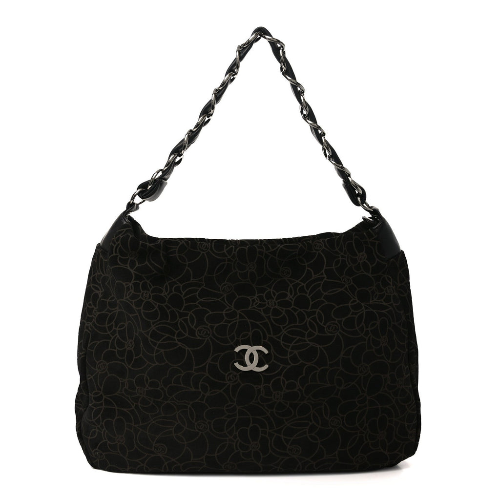 Chanel Suede Camellia Hobo Bag Black