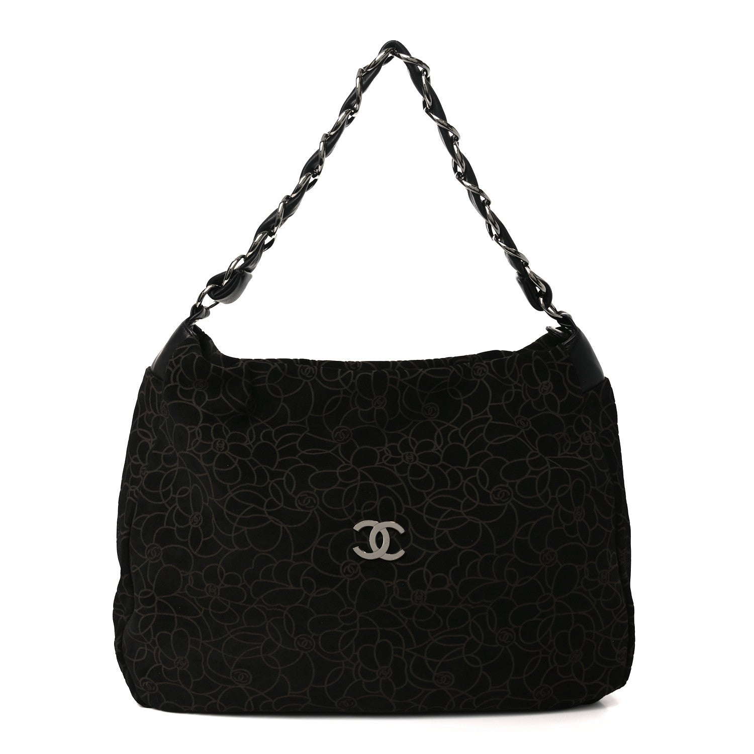 Chanel Suede Camellia Hobo Bag Black