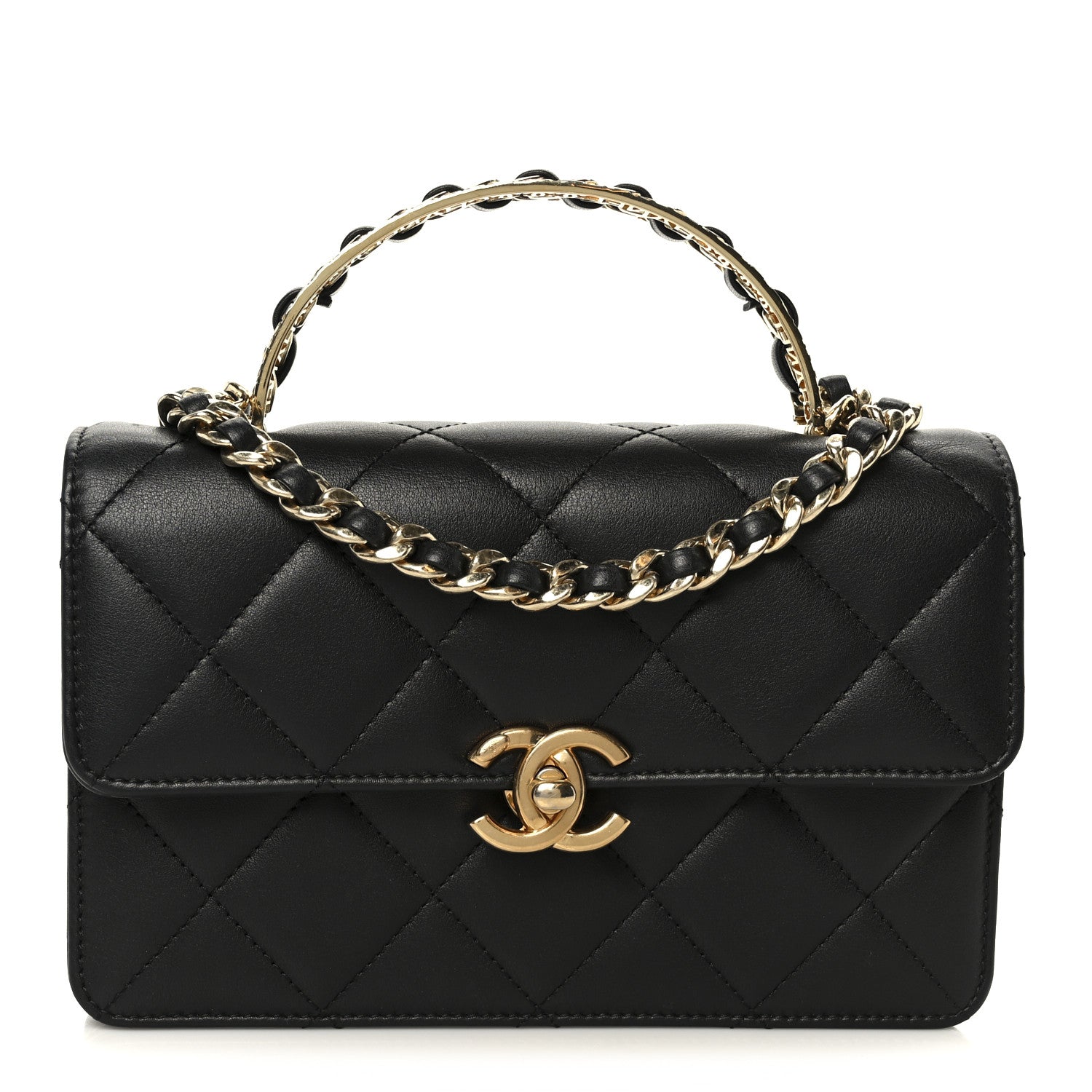 Chanel Shiny Calfskin Quilted Mini Metal Top Handle Flap Black