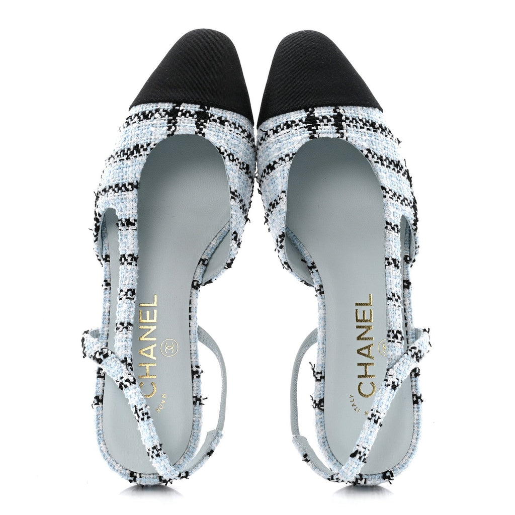 Chanel Tweed Grosgrain Cap Toe Slingback Flats 37 Blue White Black