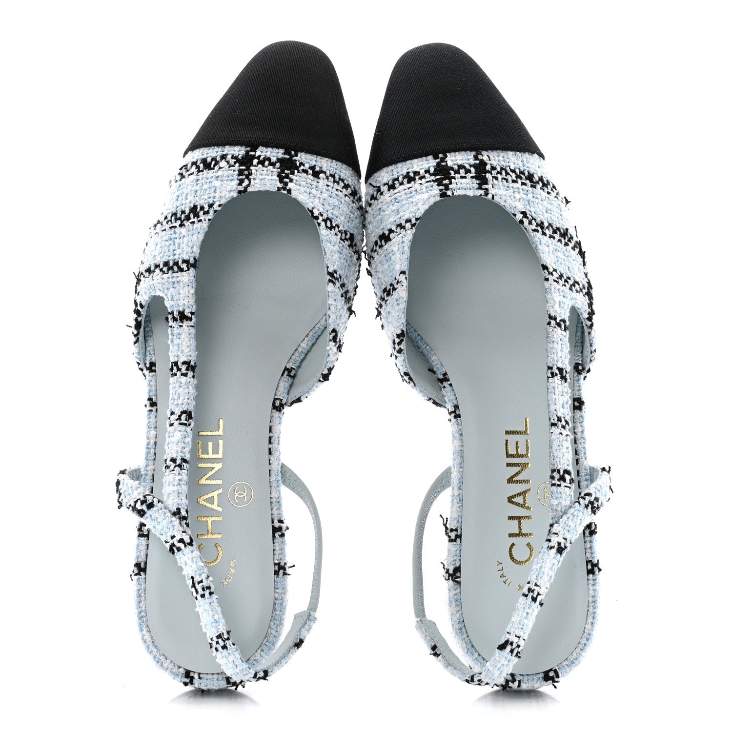 Chanel Tweed Grosgrain Cap Toe Slingback Flats 37 Blue White Black