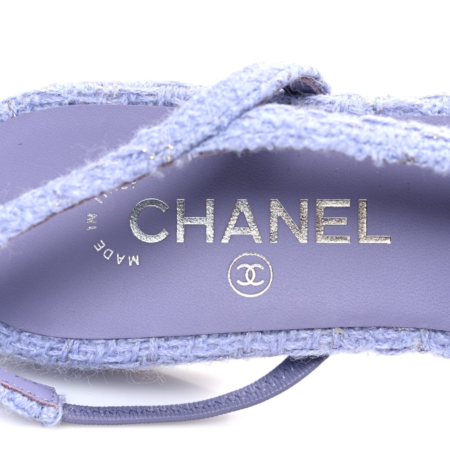 Iridescent Wool Tweed Patent Cap Toe CC Slingback Flats 40 Light Purple Silver Black
