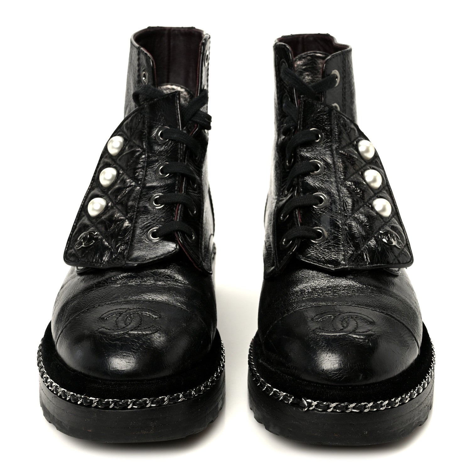 Crackled Calfskin Velvet Pearl Combat Short Boots 36 Black