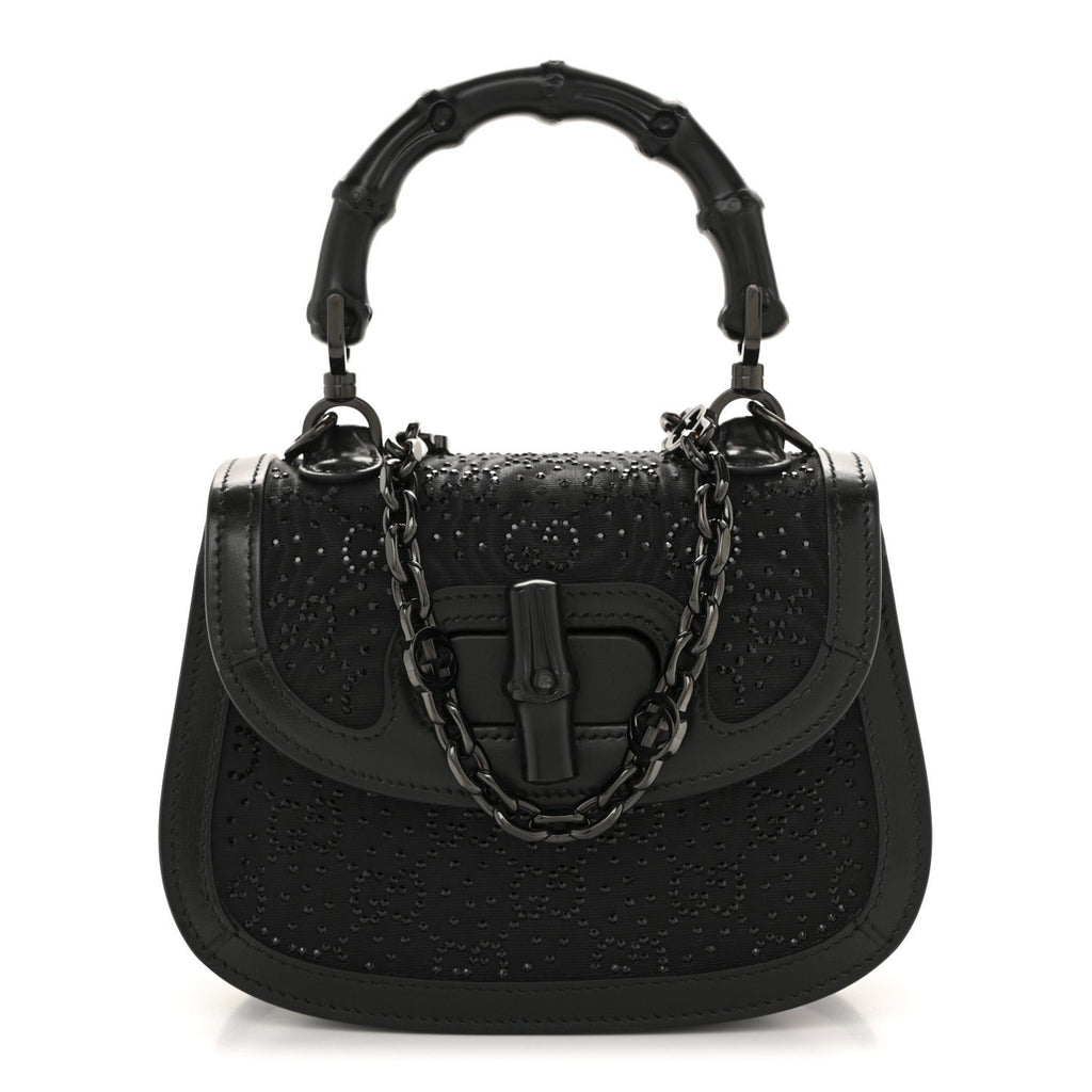 Gucci Moire Fabric Calfskin Rhinestone Monogram Monochrome Mini Bamboo 1947 Top Handle Chain Bag Black