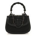 Gucci Moire Fabric Calfskin Rhinestone Monogram Monochrome Mini Bamboo 1947 Top Handle Chain Bag Black