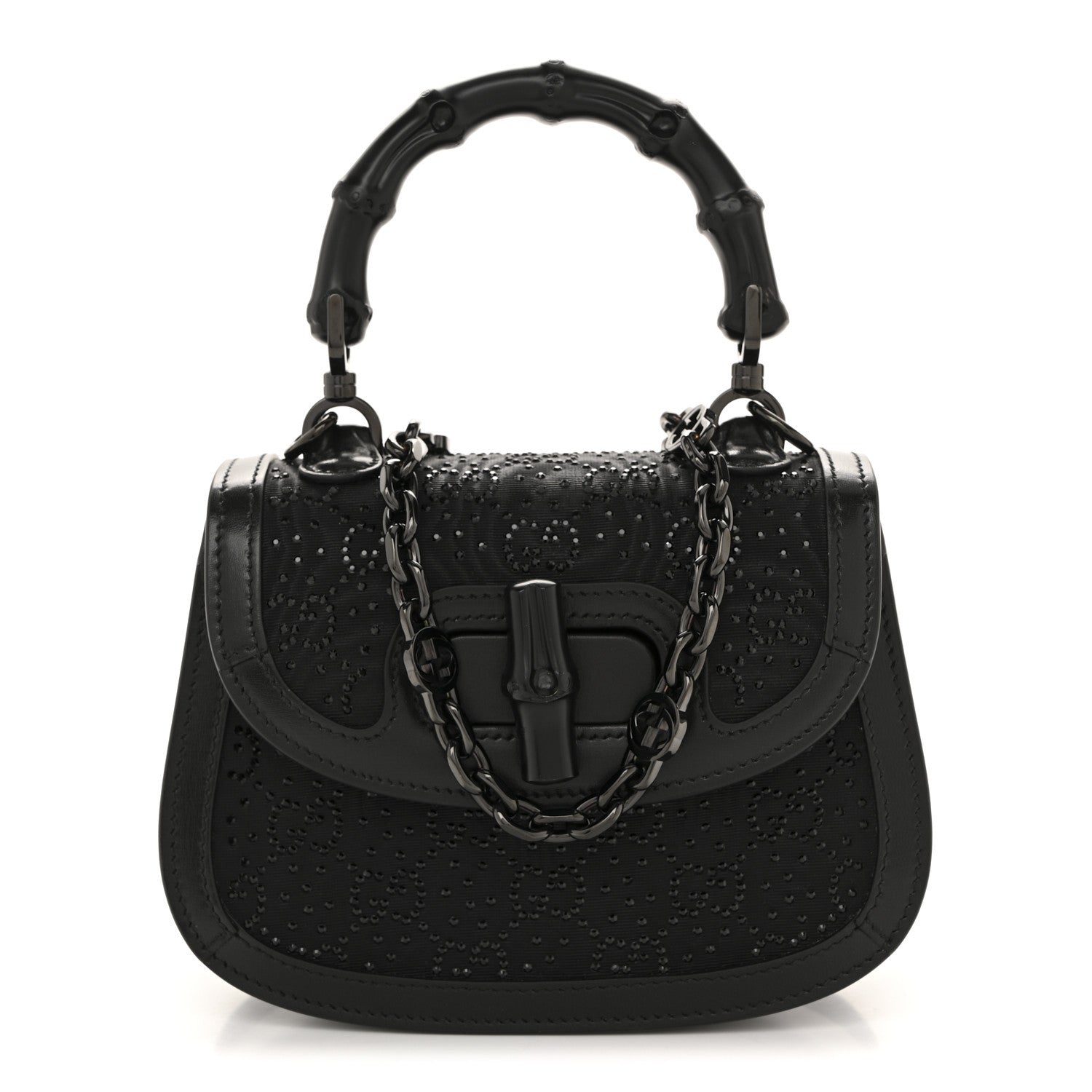 Gucci Moire Fabric Calfskin Rhinestone Monogram Monochrome Mini Bamboo 1947 Top Handle Chain Bag Black