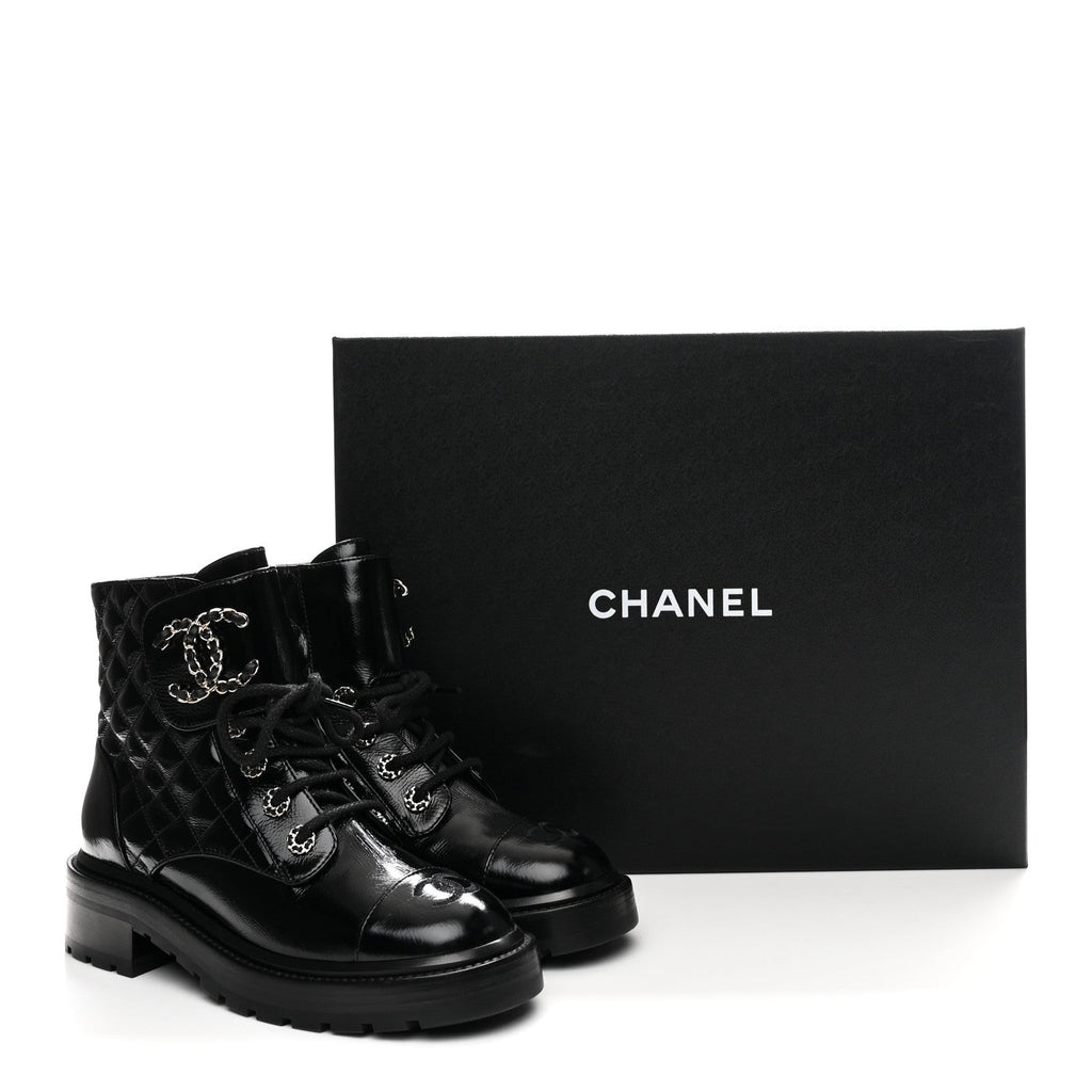 Chanel Shiny Calfskin Quilted Lace Up Combat Boots 36.5 Black
