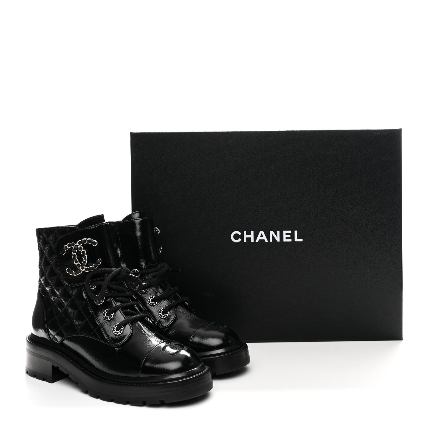 Chanel Shiny Calfskin Quilted Lace Up Combat Boots 36.5 Black