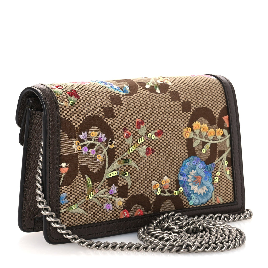 Gucci Monogram Jumbo GG Textured Dollar Calfskin Embroidered Super Mini Dionysus Shoulder Bag Camel Ebony New Acero Multicolor