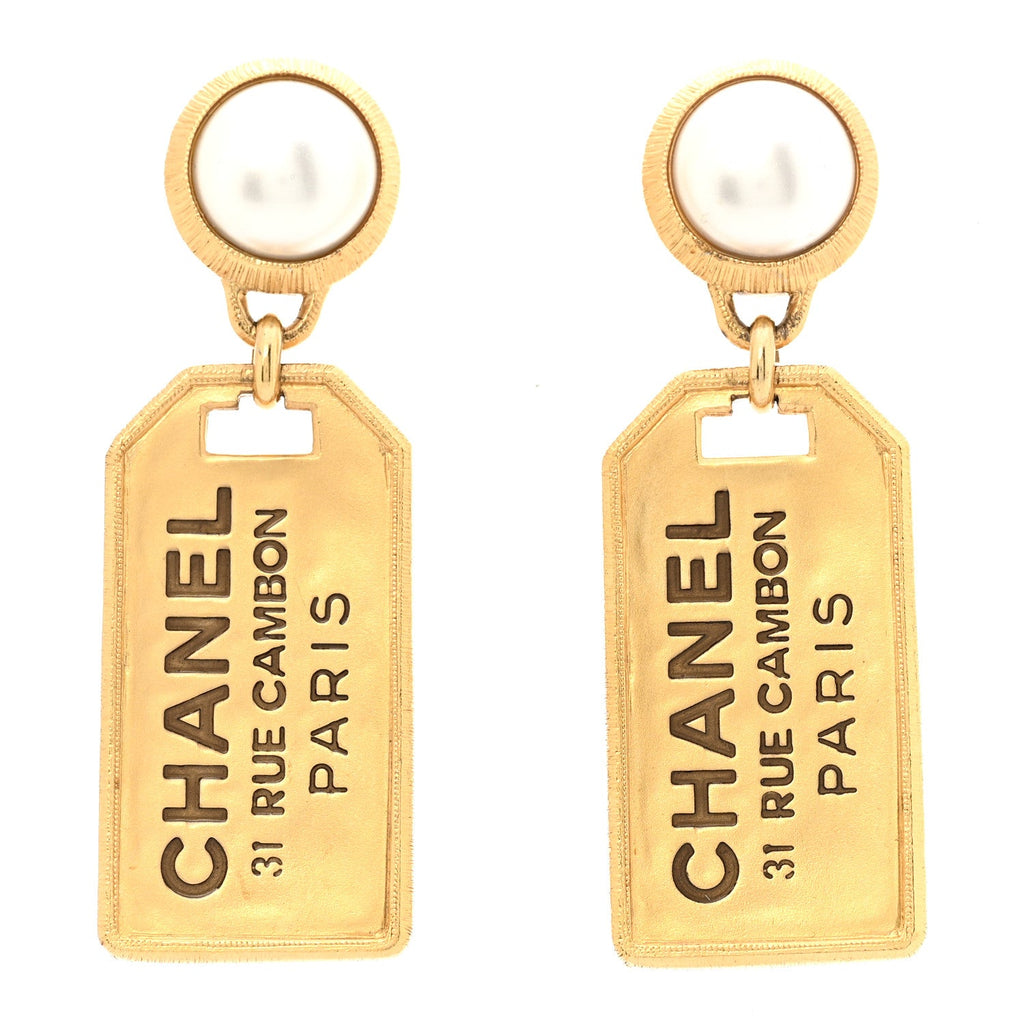 Pearl CC Tags Drop Earrings Gold