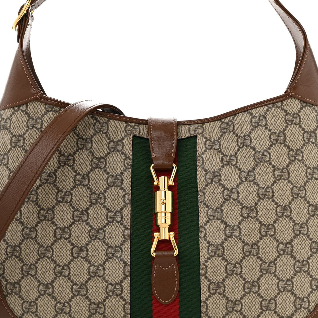 Gucci GG Supreme Monogram Azalea Calfskin Web Medium Jackie 1961 Hobo Beige Ebony Brown Sugar