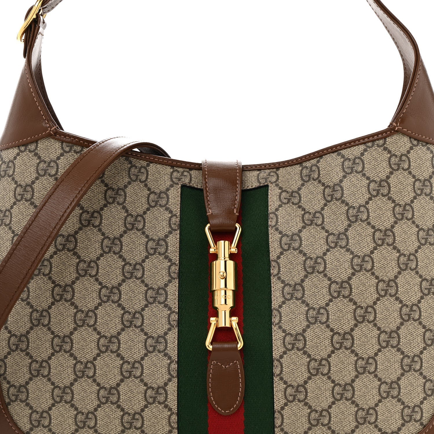 Gucci GG Supreme Monogram Azalea Calfskin Web Medium Jackie 1961 Hobo Beige Ebony Brown Sugar