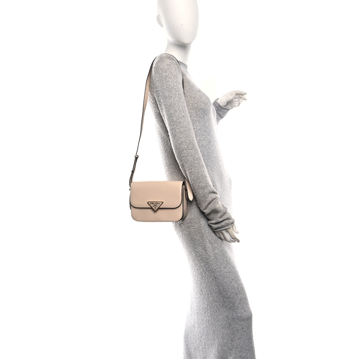 Prada Box Calfskin Triangle Embleme Flap Shoulder Bag Sabbia