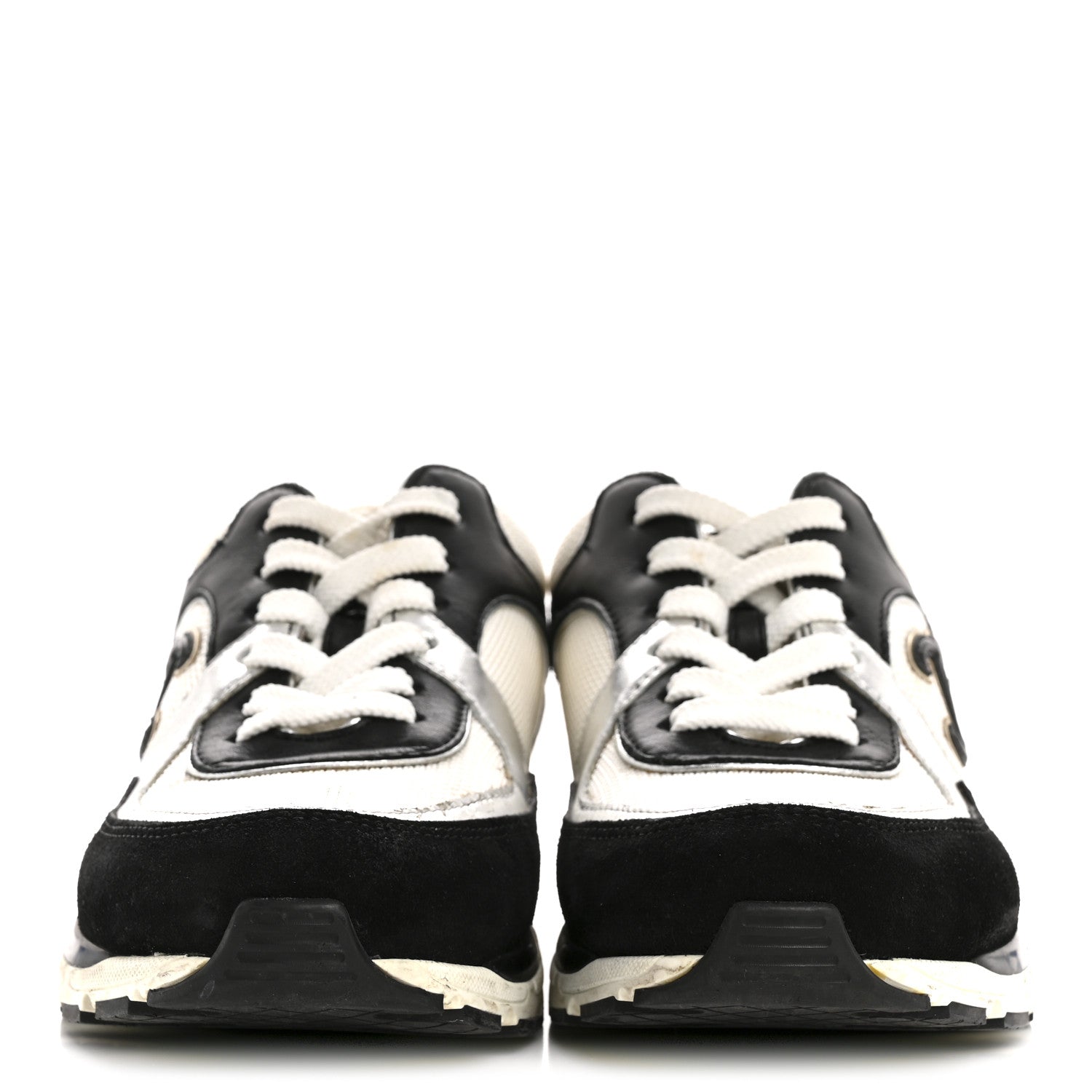 Mesh Suede Calfskin Grained Calfskin Womens CC Sneakers 35 Black White Silver