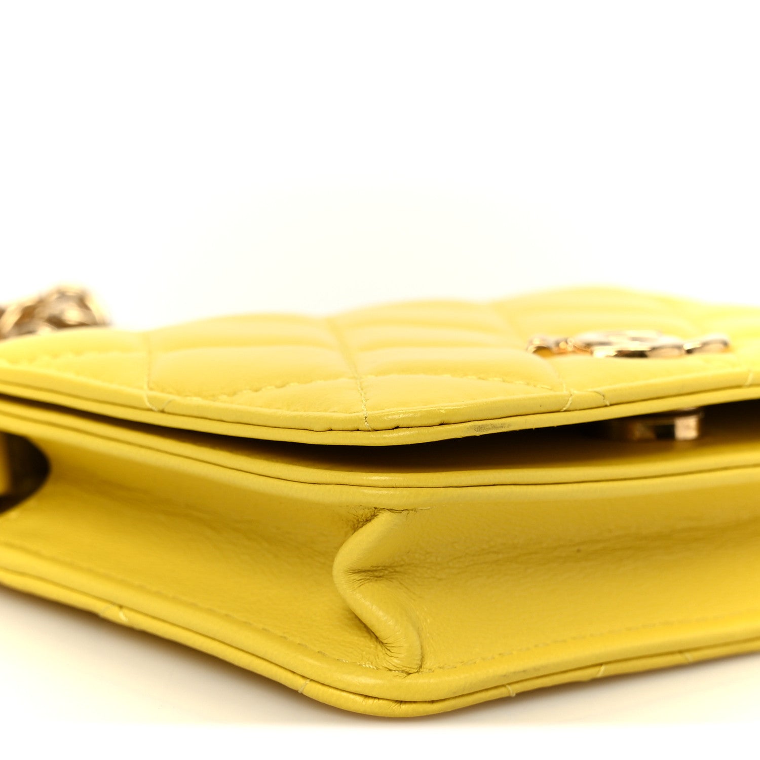 Chanel Lambskin Quilted Enamel Logo Flap Card Holder On Chain Yellow