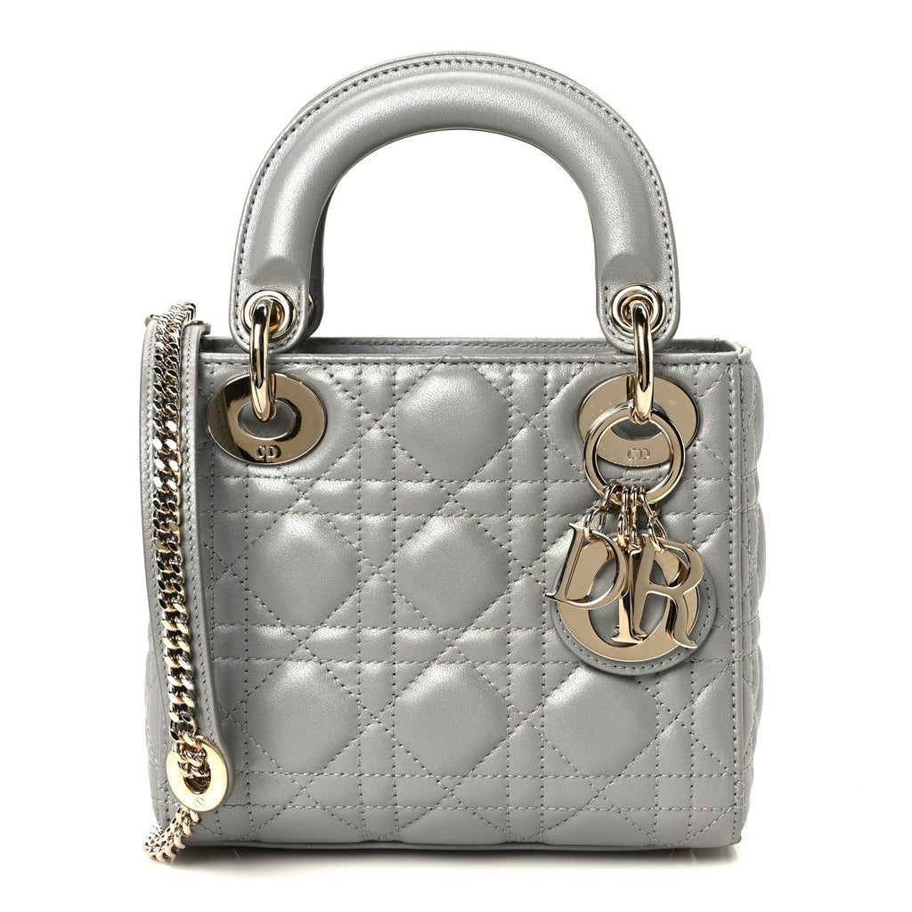 Christian Dior Metallic Lambskin Cannage Mini Lady Dior Grey