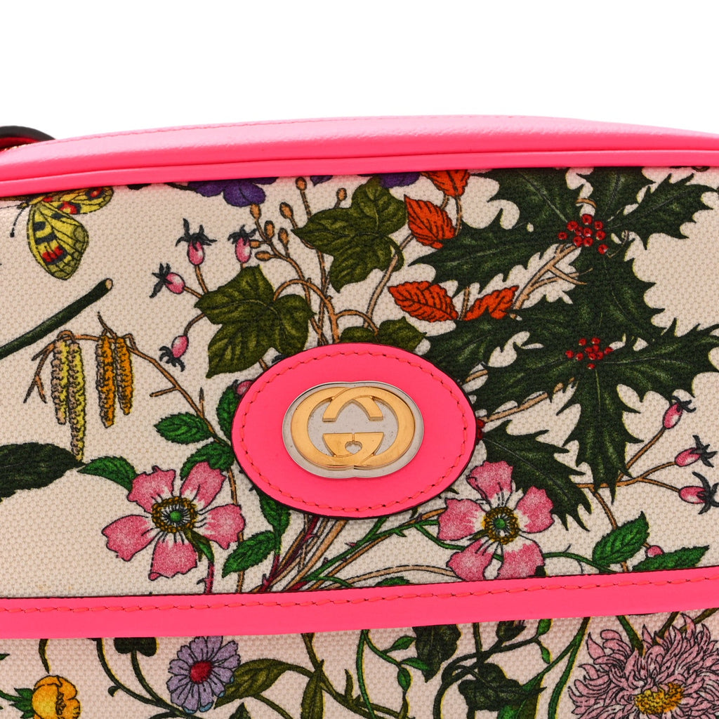 Gucci Canvas Flora Floral Shoulder Bag White Fuchsia Fluo