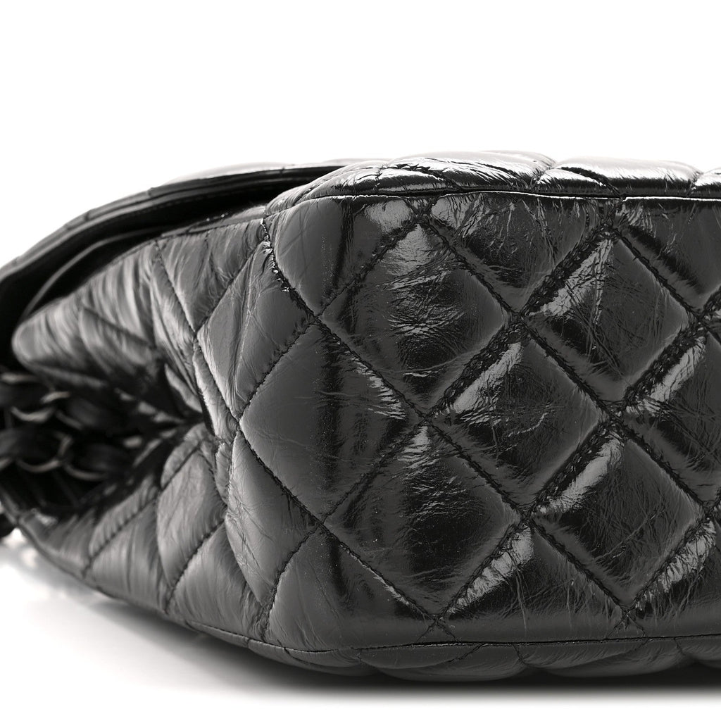 Chanel Shiny Crumpled Calfskin Quilted Jumbo Double Flap So Black
