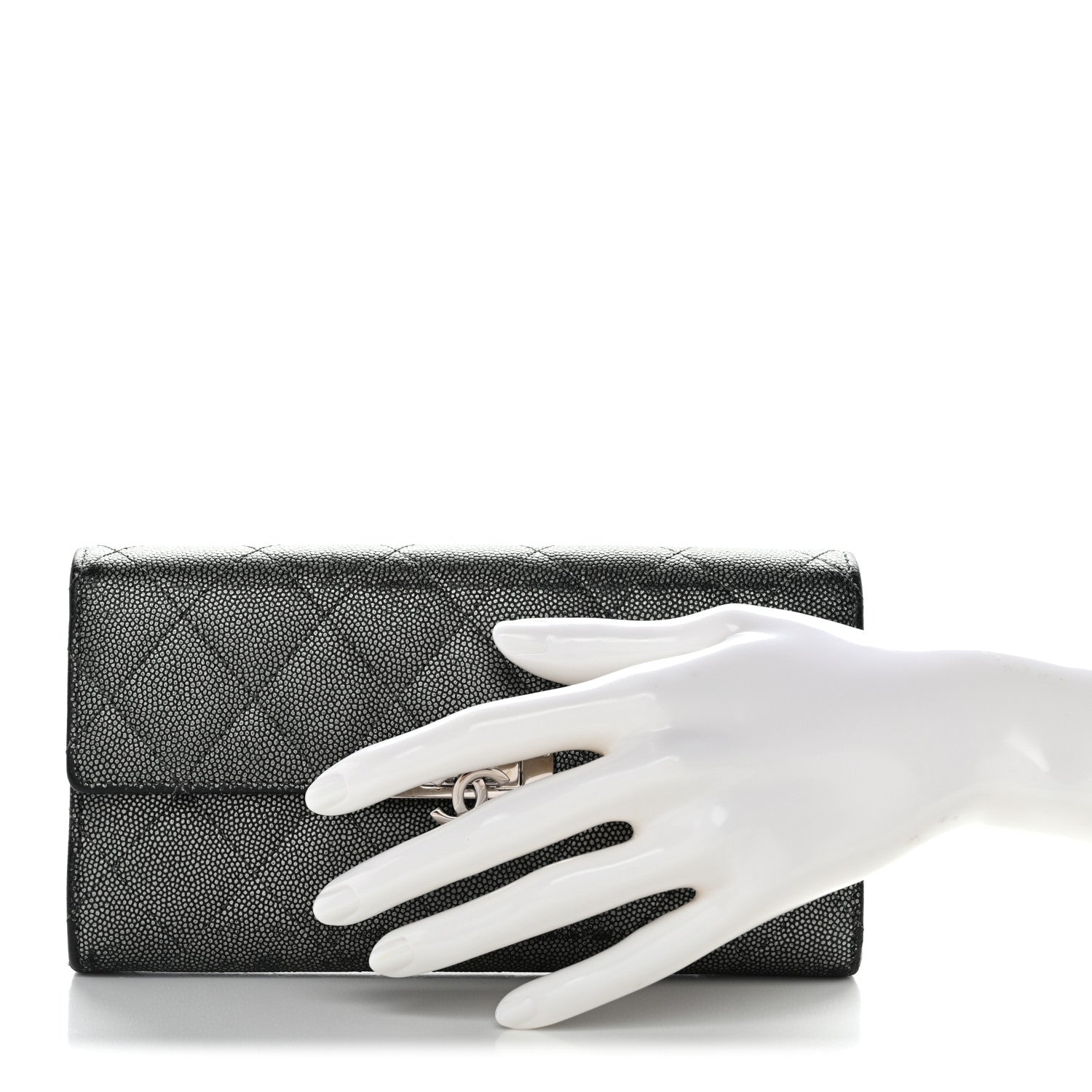 Metallic Caviar Quilted Large Golden Class Gusset Flap Wallet Dark Grey