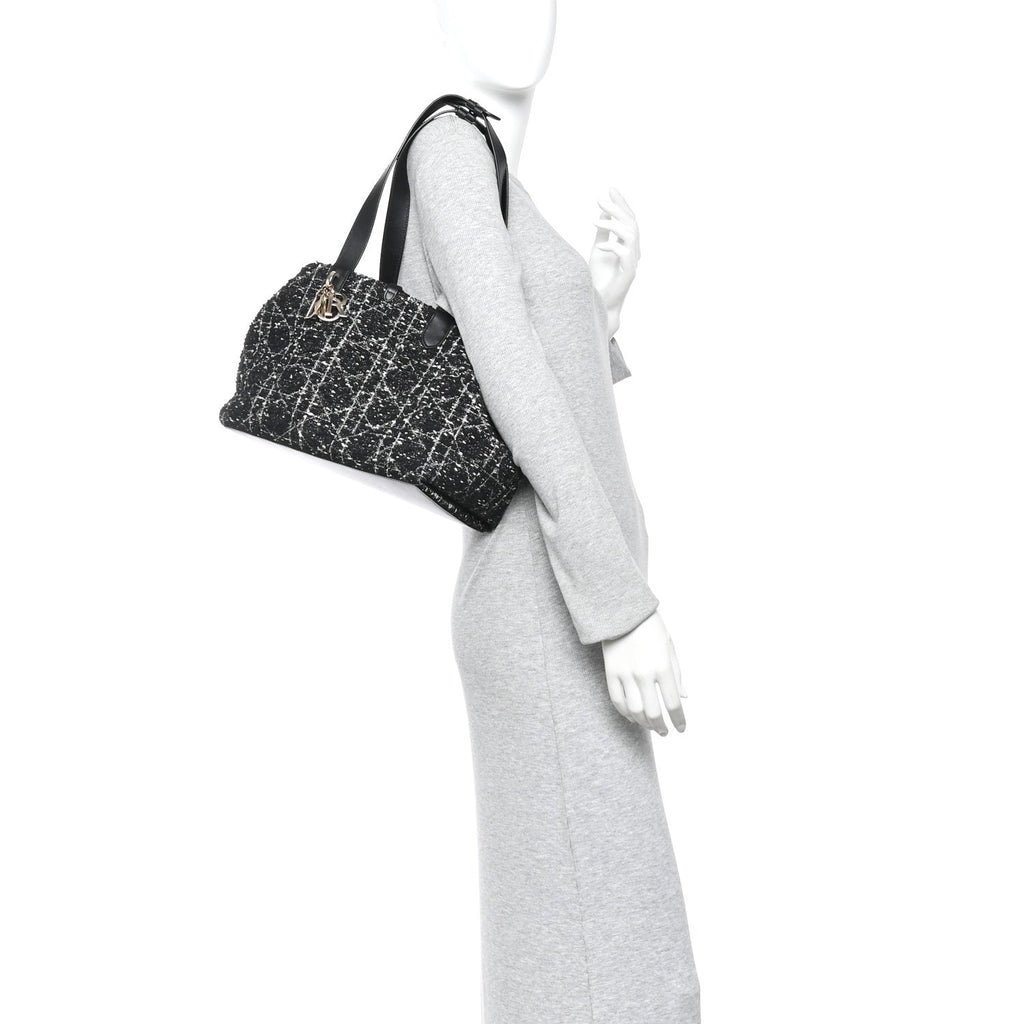 Christian Dior Calfskin Tweed Cannage Medium Toujours  Black White