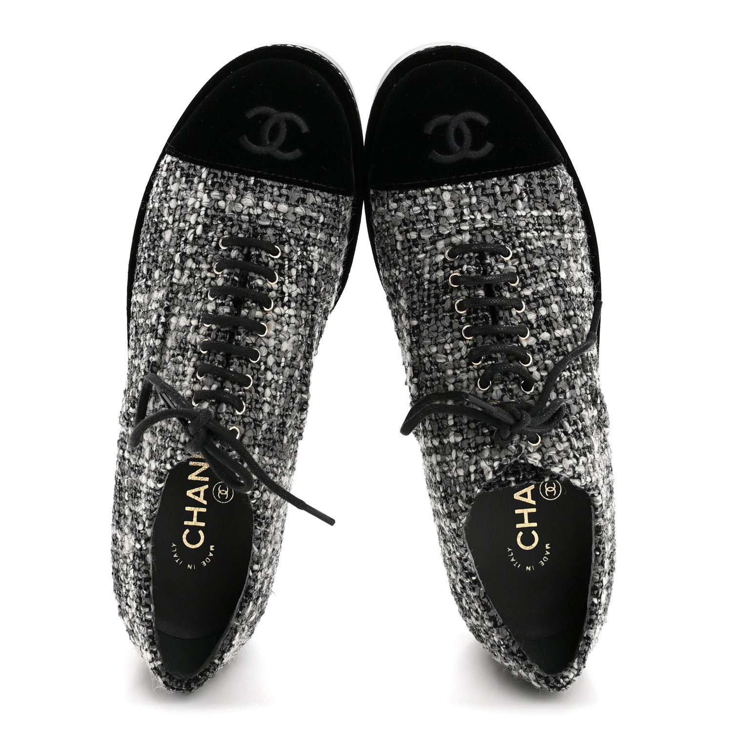 Chanel Tweed Suede CC Lace Up Oxfords 38.5 Grey Black