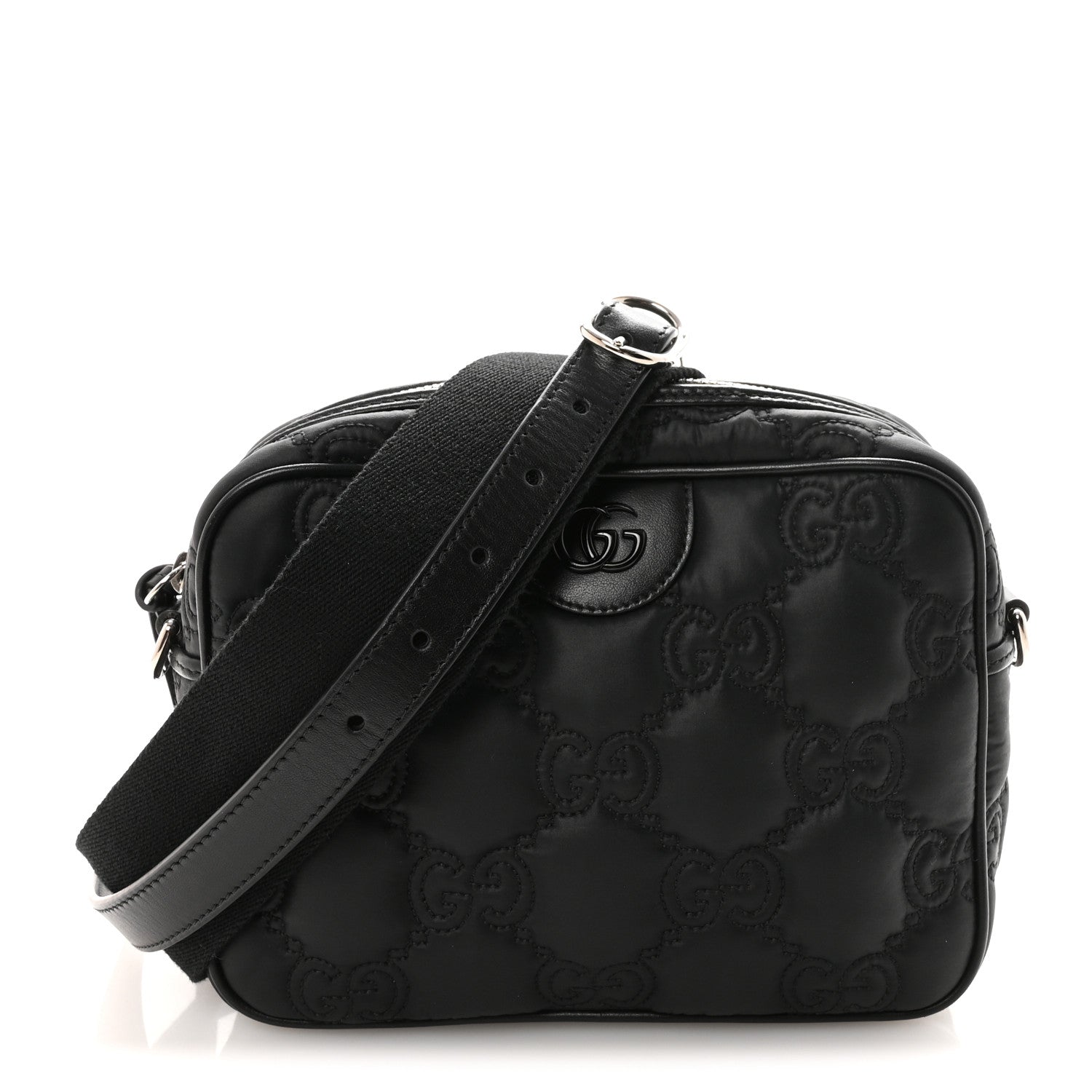 Gucci Nylon Calfskin Enamel GG Matelasse Shoulder Bag Black