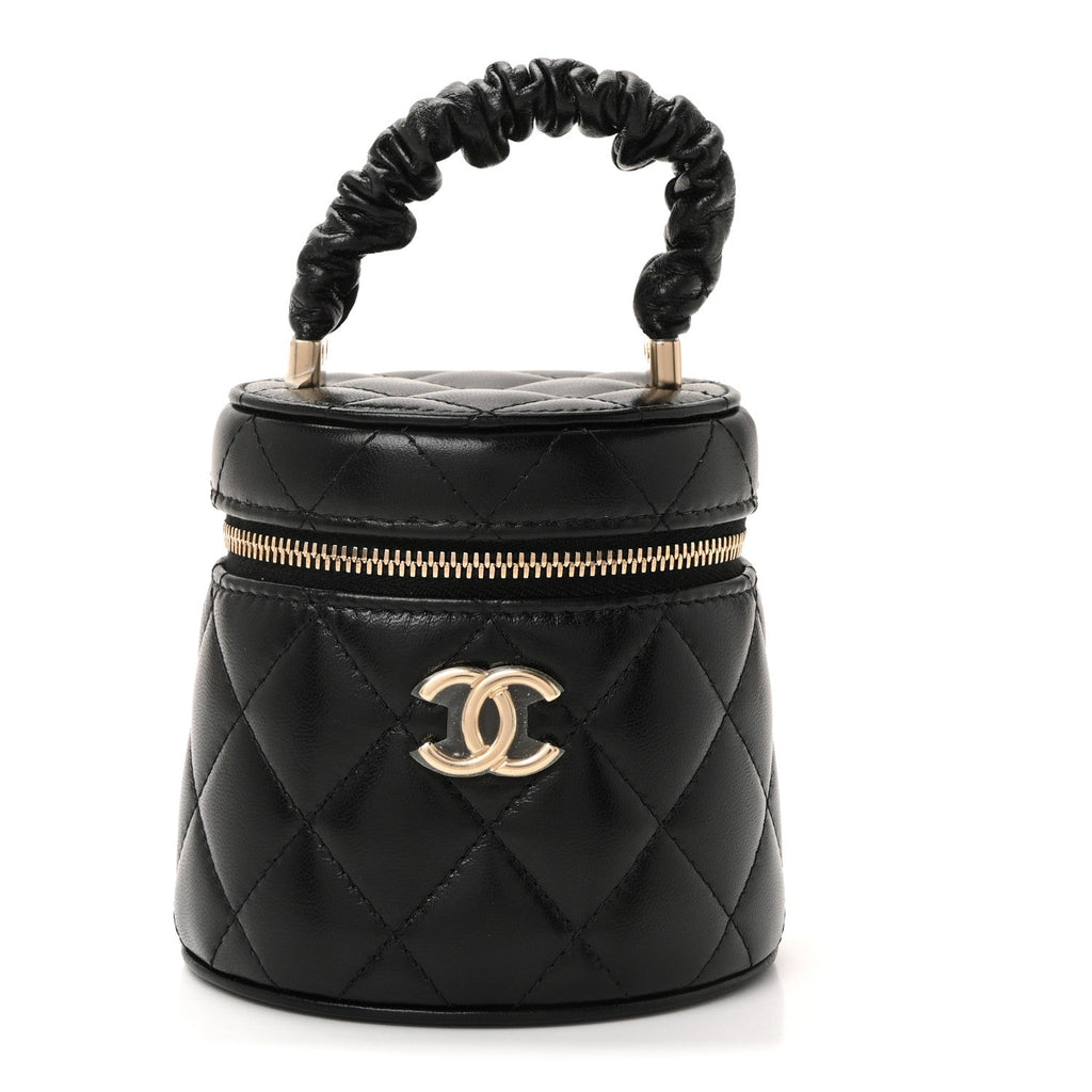 Chanel Lambskin Quilted Ruched Handle Vanity Case Black