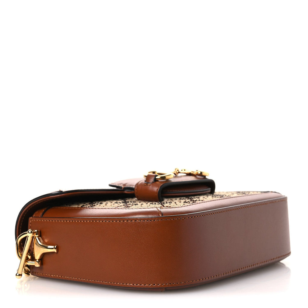 Gucci New Canvas Charisma Calfskin Crystal GG Monogram Mini Horsebit 1955 Shoulder Bag Camel Ebony