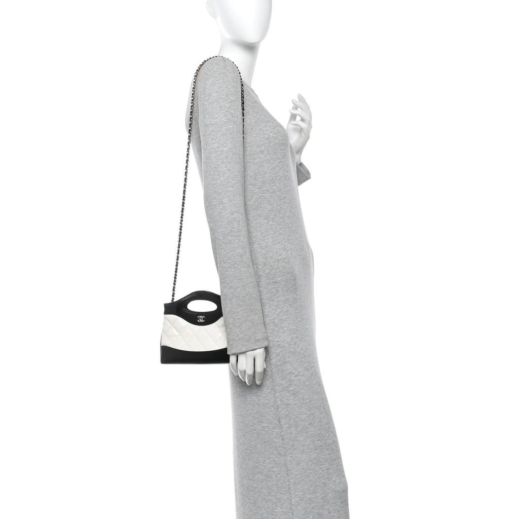 Chanel Shiny Crumpled Calfskin Quilted Nano 31 Shopping Bag White Black