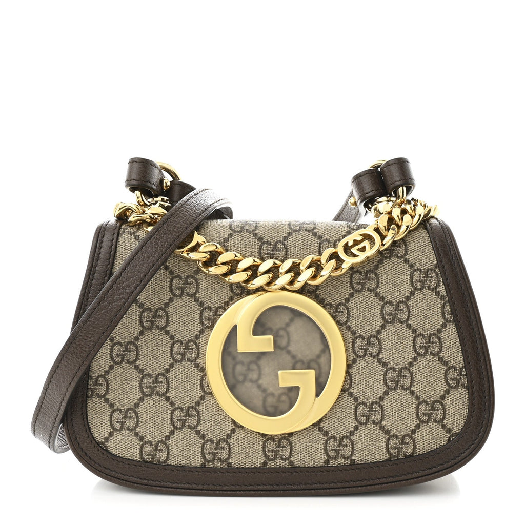 Gucci GG Supreme Monogram Textured Dollar Calfskin Mini Blondie Chain Shoulder Flap Bag Beige Ebony New Acero