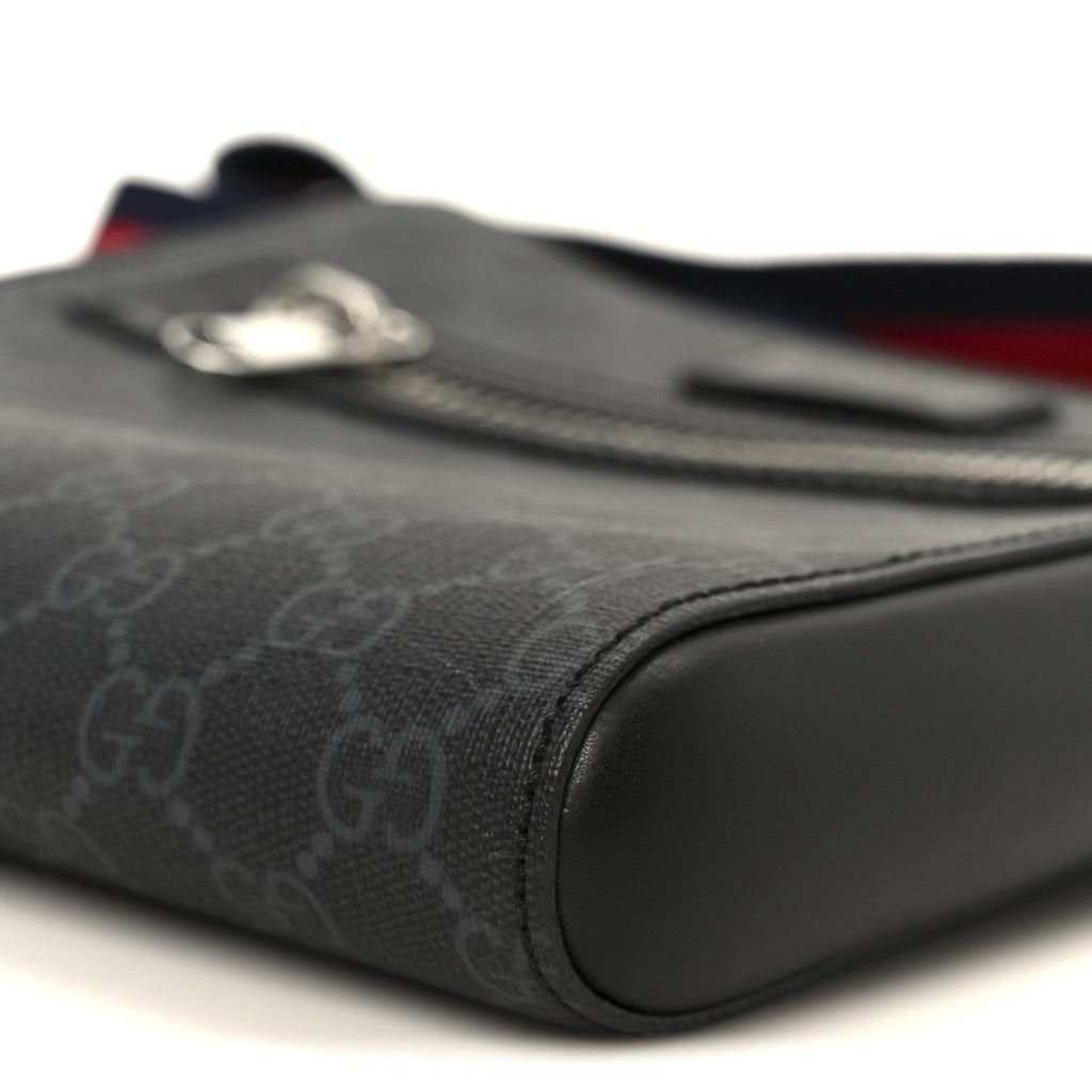 Gucci GG Supreme Monogram Web Small Flat Messenger Bag Black Grey