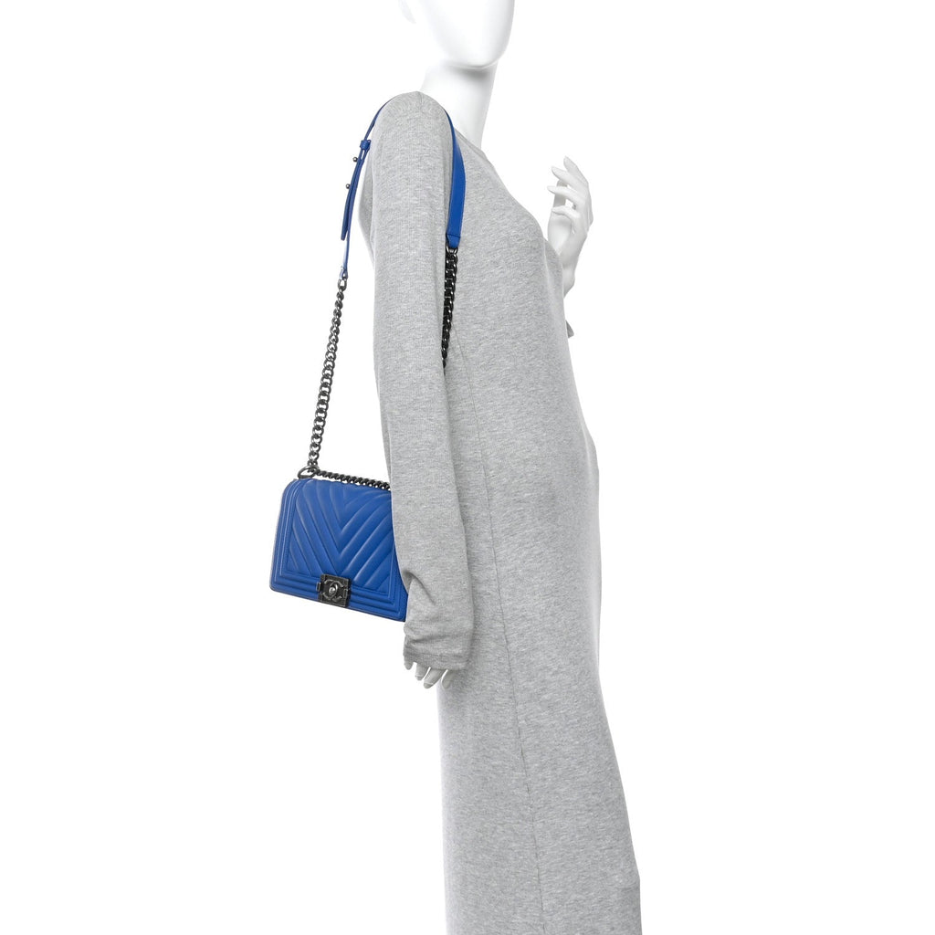 Chanel Calfskin Chevron Quilted Medium Boy Flap Blue
