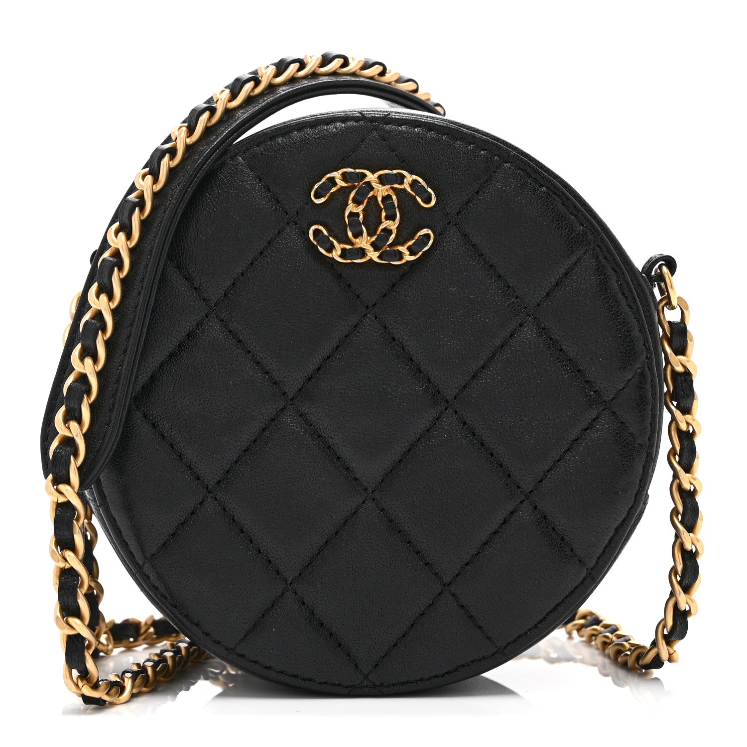 Chanel Goatskin Quilted Chanel 19 Round Clutch With Chain Black