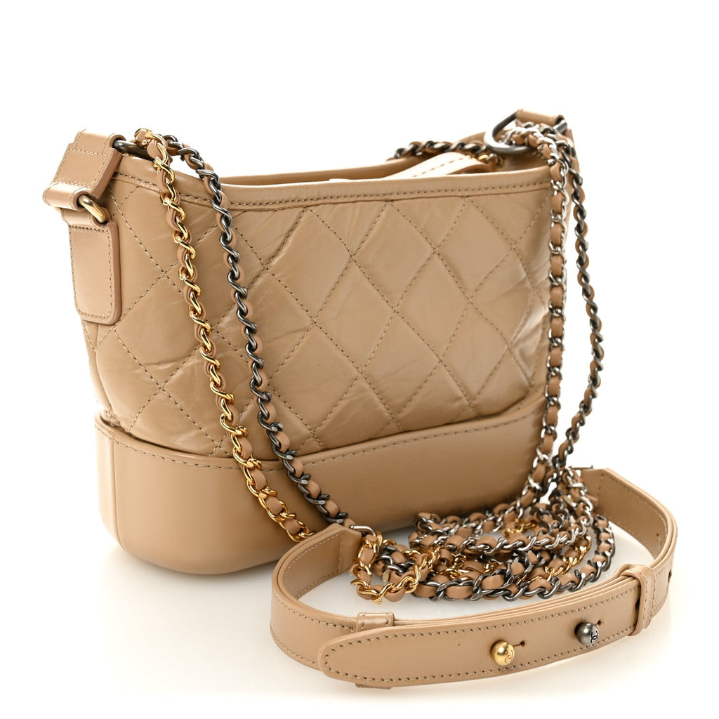 Chanel Aged Calfskin Quilted Small Gabrielle Hobo Beige