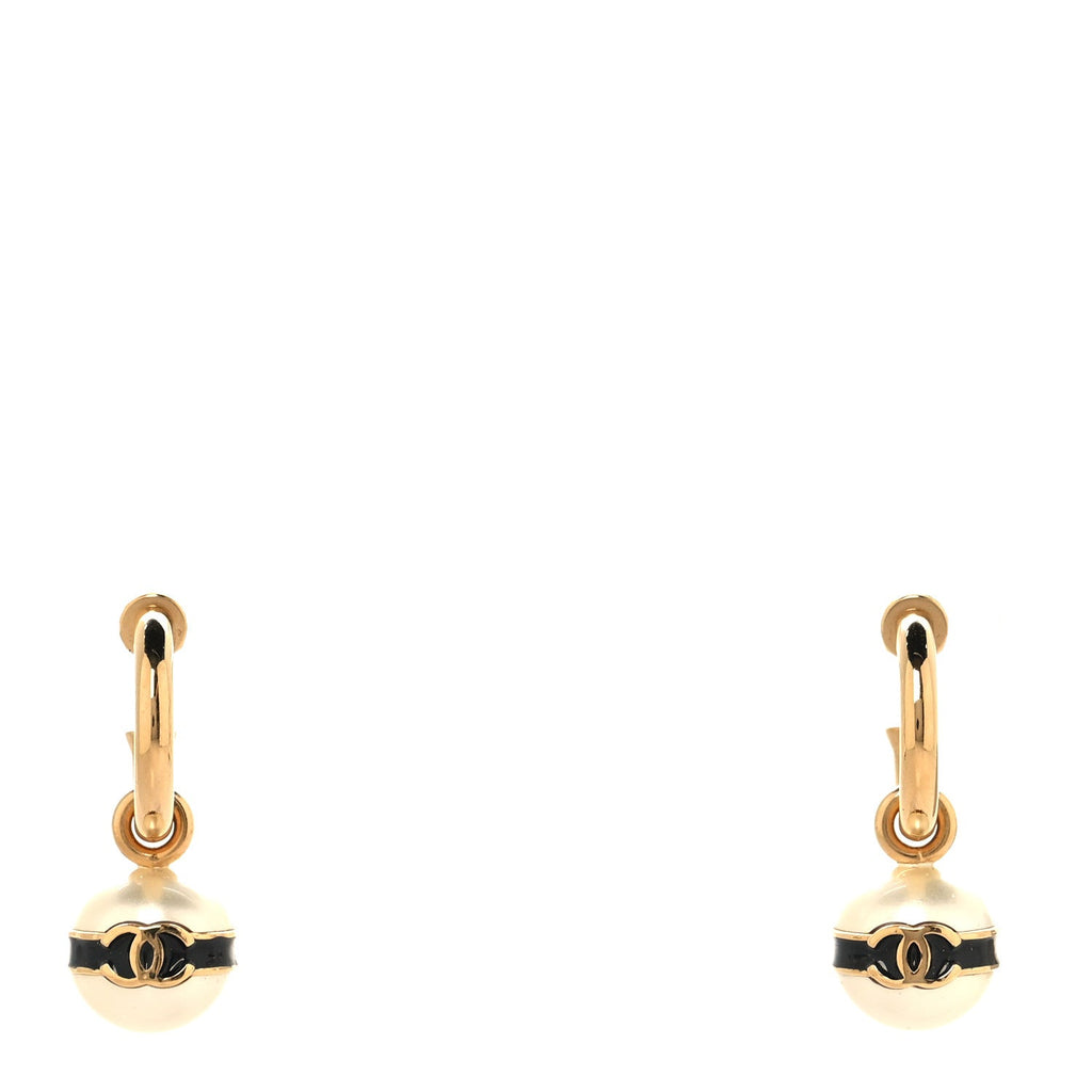 Pearl Metal CC Hoop Drop Earrings Gold Black White