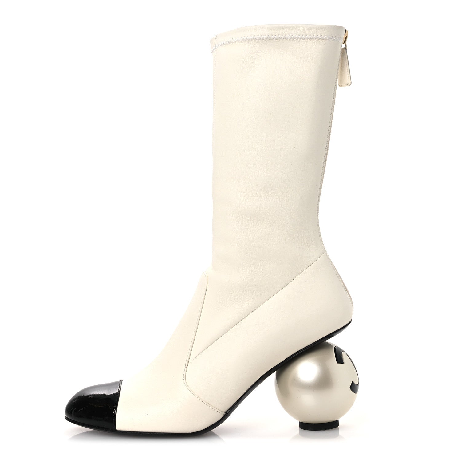Chanel Stretch Lambskin Patent Cap Toe Pearl Ball Mid Calf Boots 39 White Black