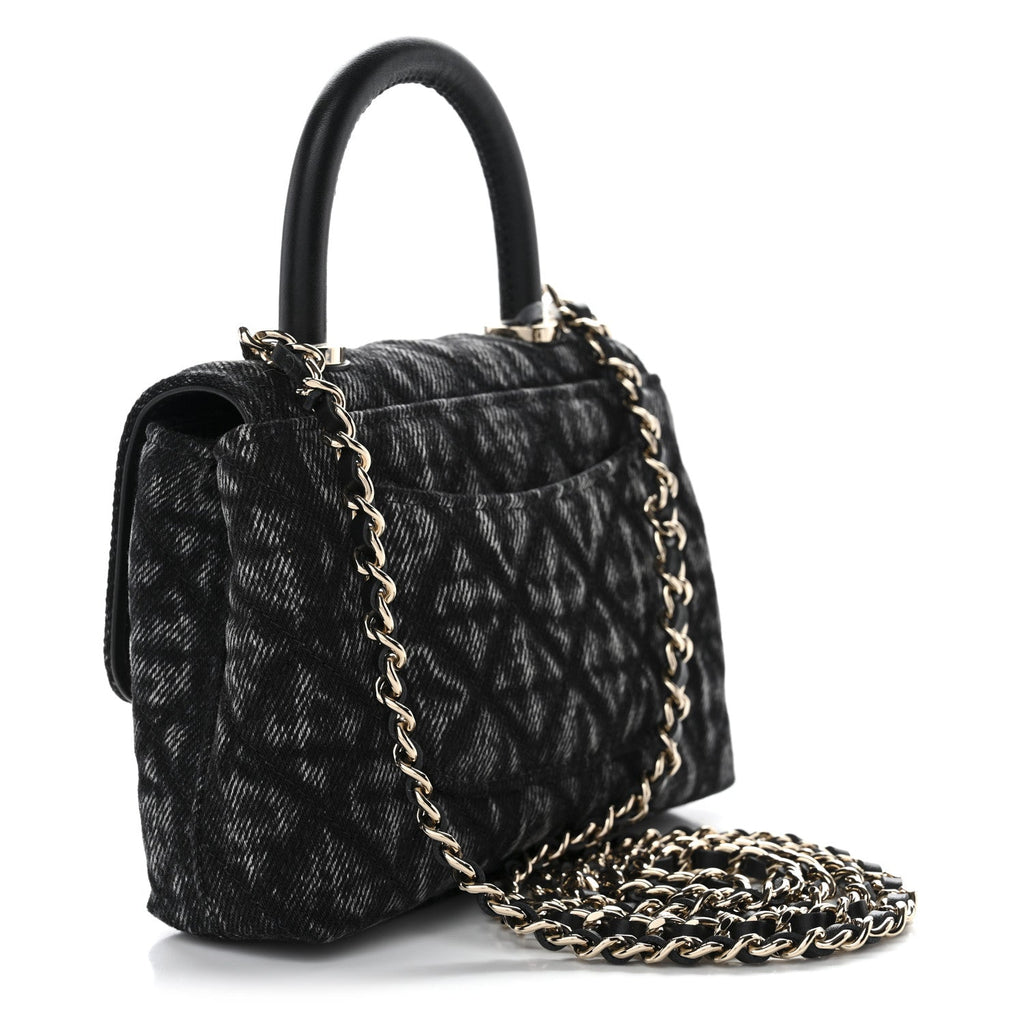 Chanel Washed Denim Quilted Coco Handle Clutch With Chain Black