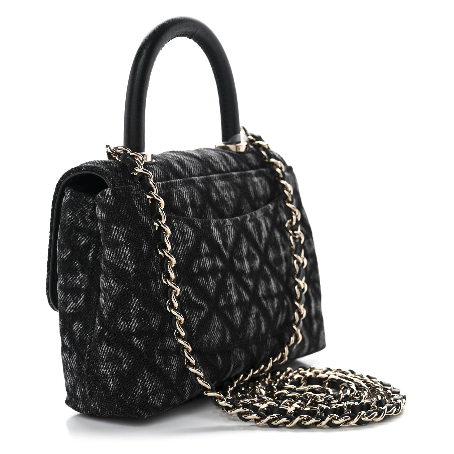 Chanel Washed Denim Quilted Coco Handle Clutch With Chain Black