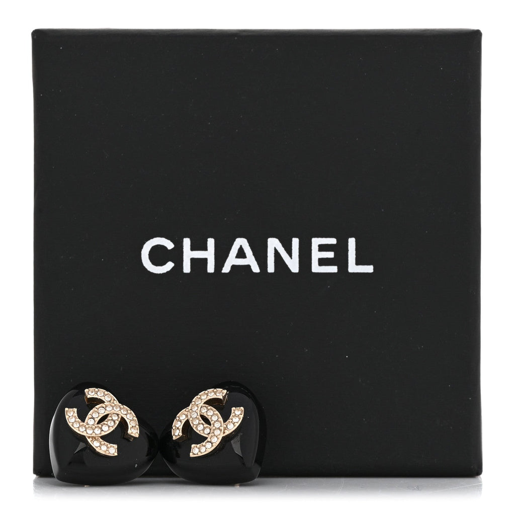 Resin Crystal CC Heart Earrings Black Gold