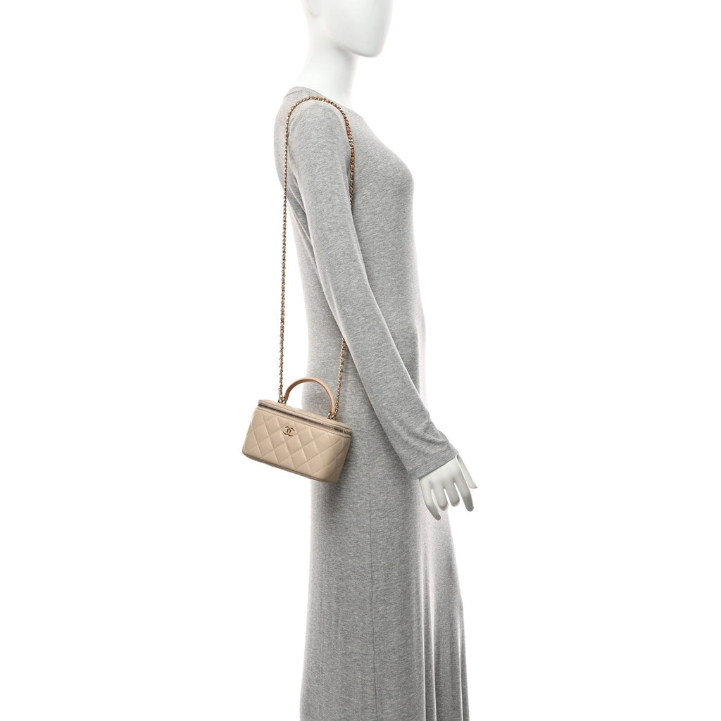Chanel Lambskin Quilted Small Top Handle Vanity Case With Chain Beige