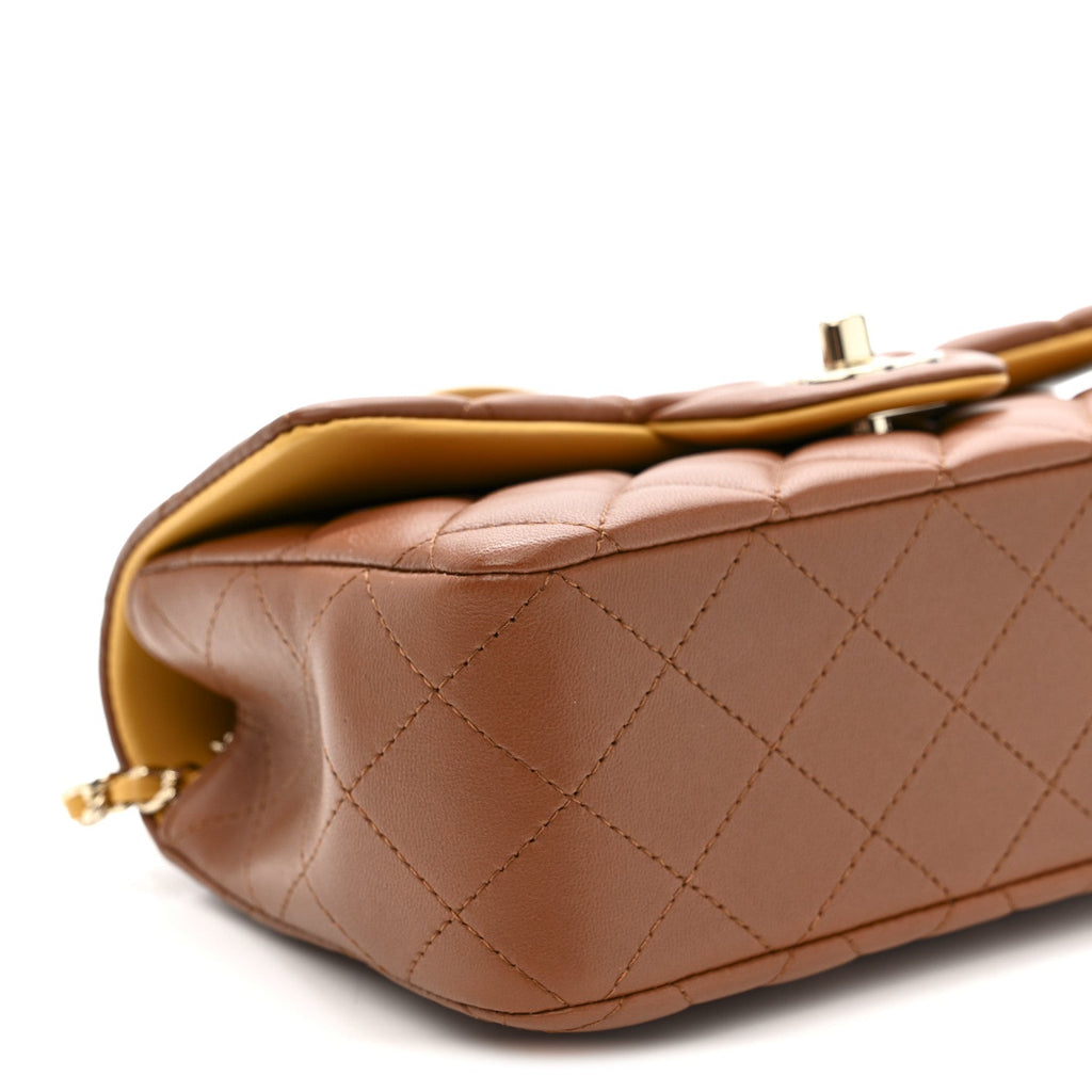 Chanel Lambskin Quilted Bi-Color Mini Top Handle Rectangular Flap Light Brown Yellow