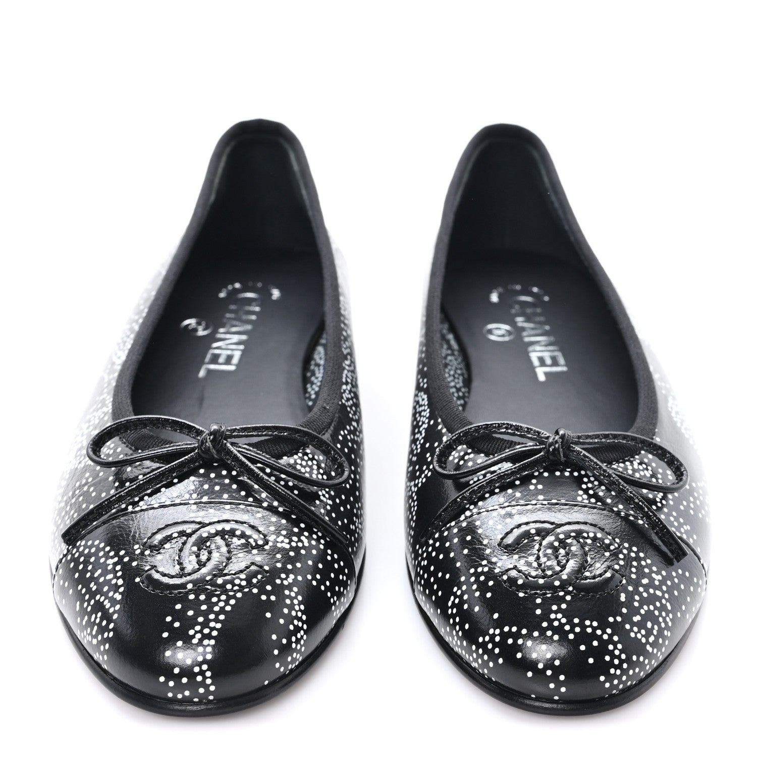 Calfskin Camellia Printed Cap Toe Ballerina Flats 36 Black White