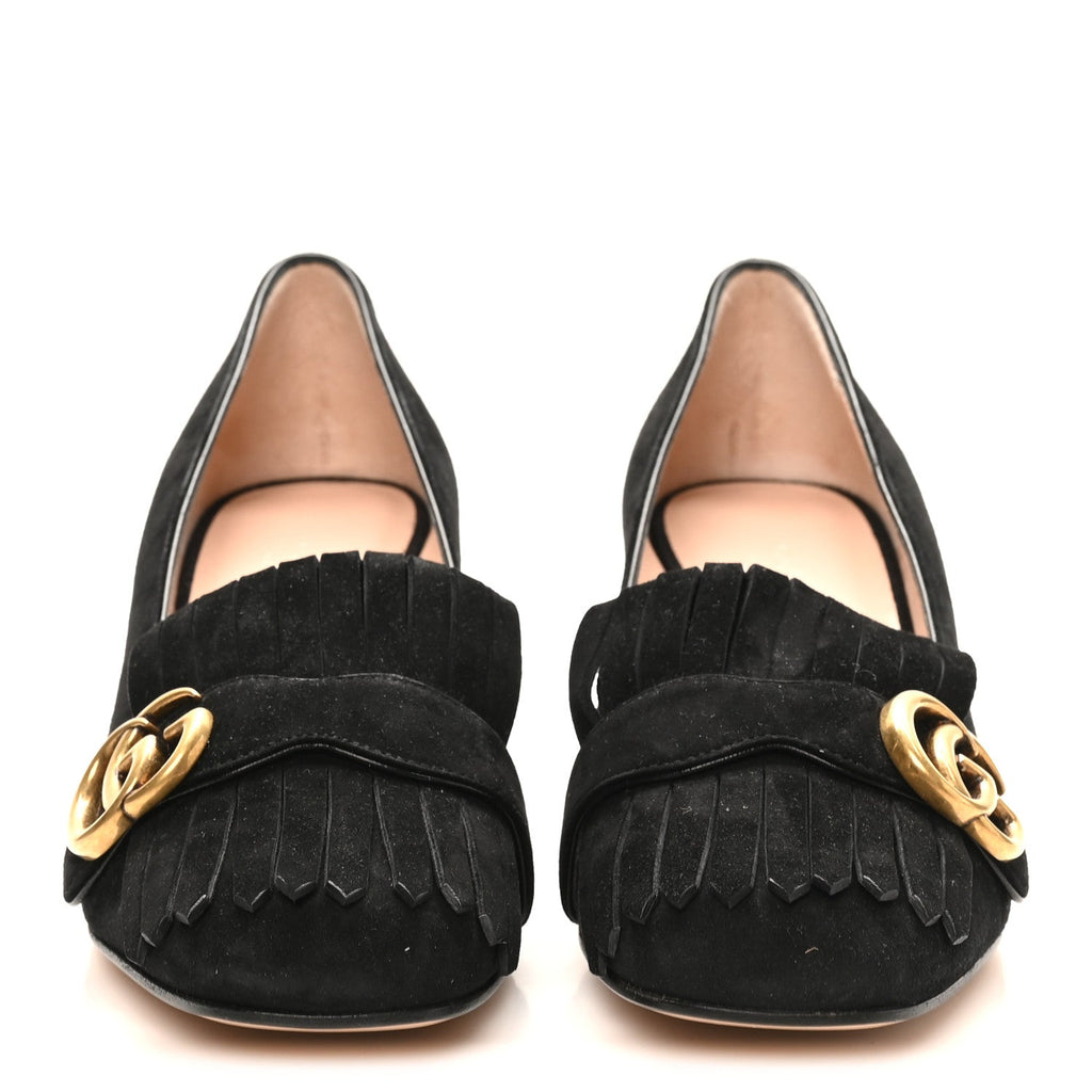 Gucci Kid Scamosciato GG Marmont Fringe 50mm Loafer Pumps 38 Black