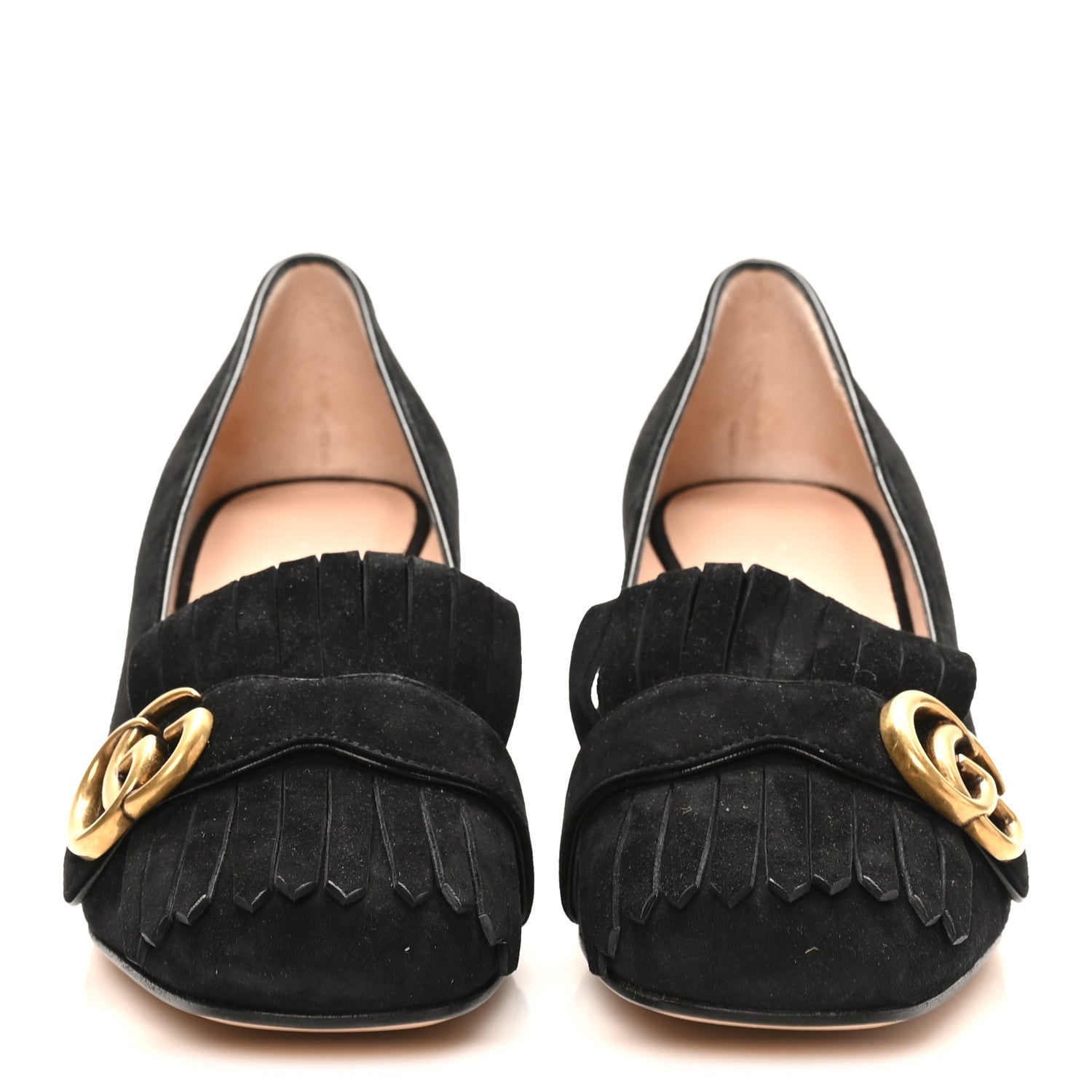 Gucci Kid Scamosciato GG Marmont Fringe 50mm Loafer Pumps 38 Black