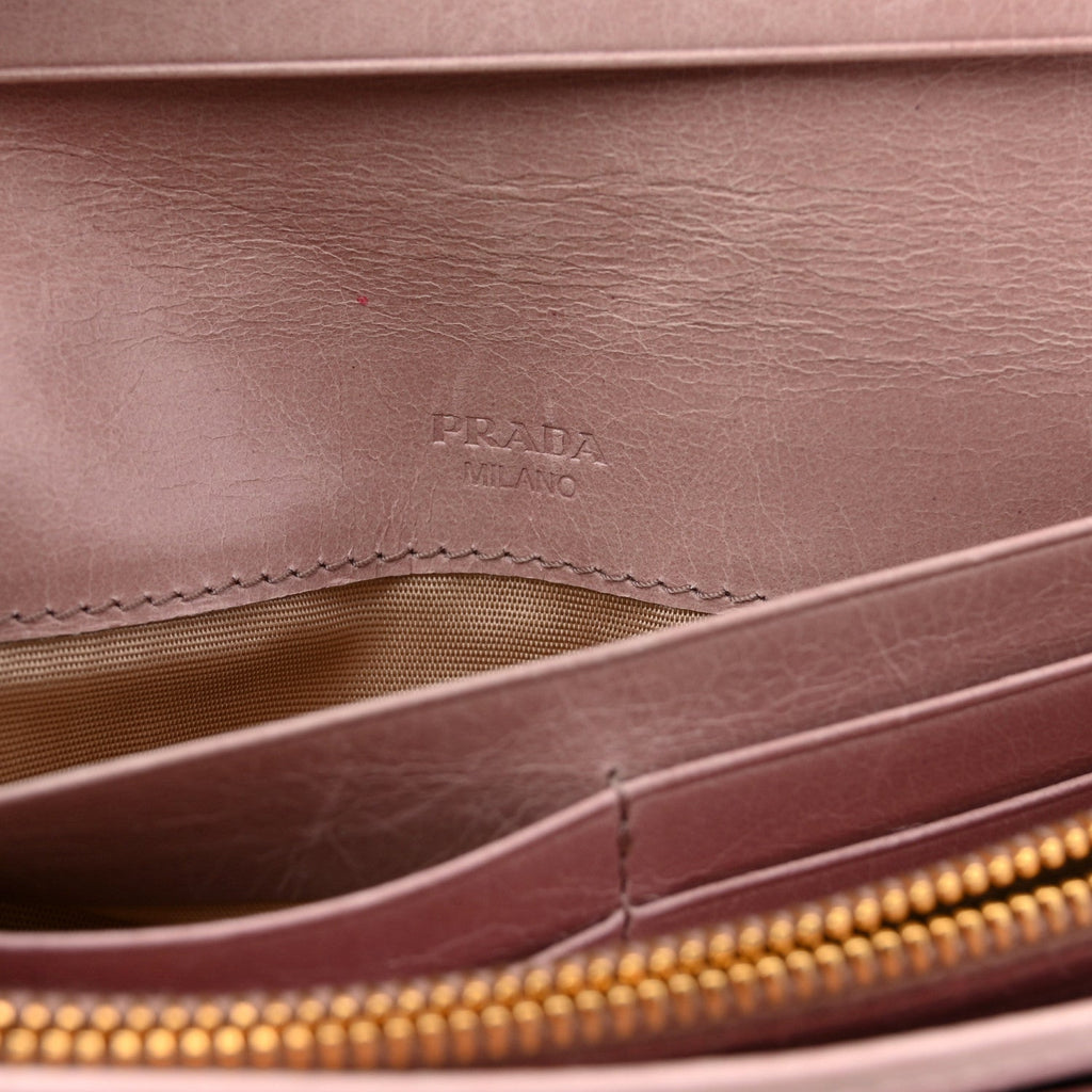 Prada Glossy Calfskin Triangle Quilted Triangle Continental Flap Wallet Light Pink