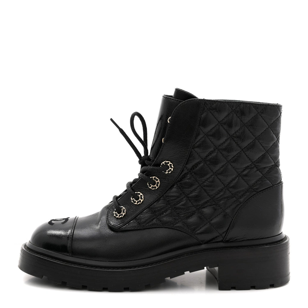 Chanel Shiny Goatskin Calfskin Quilted Lace Up Combat Boots 38.5 Black